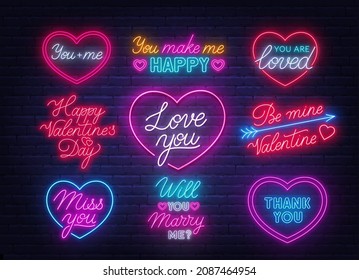 Happy Valentine's day neon quotes on brick wall background. Glowing Greeting Cards.