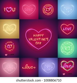 Happy Valentines Day neon signs set makes it quick and easy to customize your romance holiday projects. Each of object is named and placed in a symbol panel. Used neon vector brushes included.