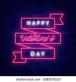 Happy Valentines Day neon text with ribbon. Outer glowing effect greeting card. Romantic holiday concept on brick wall. Luminous label. Editable stroke. Isolated vector stock illustration