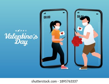 Happy valentines day in new normal concept. Love couple in mobile phone wearing medical mask sent red heart and men hold bouquet of roses on blue background. Valentines covid-19.Vector illustration