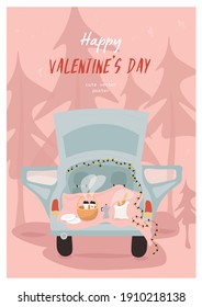 Happy Valentine's Day. Nice vector flat poster with picnic for Valentine's Day in cartoon style. Festive poster. Date in the car. Picnic in the car with coffee, pastries and a garland. Picnic basket.