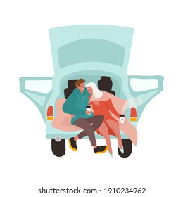 Happy Valentine's Day. Nice vector flat illustration on a white background with lovers for Valentine's Day in cartoon style. 
Dating in the car. A loving couple drinks coffee and hugs outdoors.