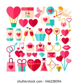 Happy Valentines Day Objects Set. Flat Design Vector Illustration. Love Colorful Items. 