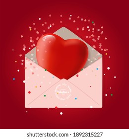 Feliz Día de San Valentín el 14 de febrero tarjeta vectorial de saludo con lindo corazón rojo 3d en sobre rosa claro, enviándote abrazos cálidos y besos, citando en forma redondeada. Concepto de carta de amor