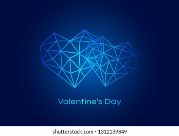 Happy valentines day on blue background with geometric heart. Technology and social network and connecting concept. Vector illustration 