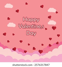 happy valentines day on the love pink background. Pastel pink banner happy Valentines day. Background with set vector creative cartoon cute hearts. Horizontal border with copy space. 