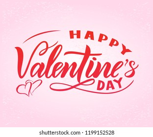 Happy Valentines day on pink background with texture. Modern calligraphic lettering. Isolated. Black color. As template for inscription of banner, print, greeting card, poster