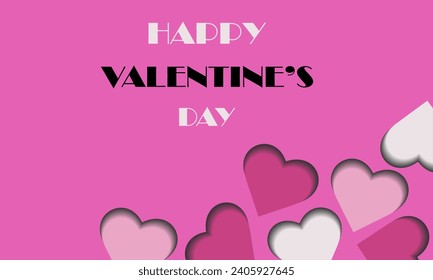 Happy Valentine's Day on pink background. Poster or banner with hearts in paper cut style. Place for text