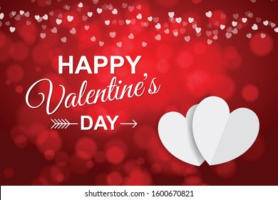 Happy Valentine's Day on a red background and two white hearts.
