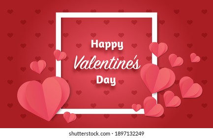 happy valentine's day on a red background decorated with red hearts surrounding a little red hearts vector illustration. Paper cut pattern decoration