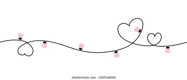  Happy Valentines Day. One line. Double hearts. Glowing lamp light bulb. Continuous line art. Decoration element. Love word sign symbol. White background. svg