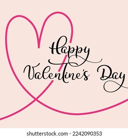 Happy Valentine's Day. One line drawn heart shape, happy valentine's day lettering, post, greeting card