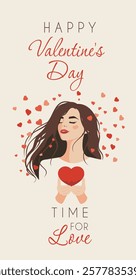 Happy Valentine's Day. One young woman holds a heart in her hands. Warm shades of color create an atmosphere of love and tenderness. Vector postcard in gentle tones with space for text for banner