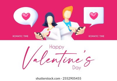 Feliz San Valentín. Celebración en línea con hombre y mujer en 3D con smartphone. Mensaje de amor