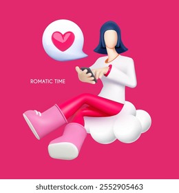 Feliz San Valentín. Celebración en línea con mujer 3D con smartphone. Mensaje de amor