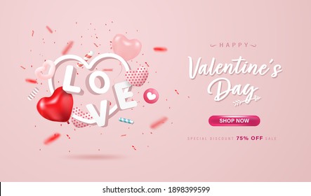 Happy Valentine's Day online shopping banner or background design. Lovely 3D hearts, love letter and confetti on pastel pink background. Promotion, Special discount poster design.