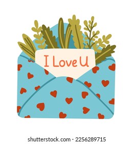 Happy Valentine's Day open Envelope with blank paper and Hearts and Flowers. Vector Illustration