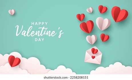 Alles Gute zum Valentinstag! Offener Umschlag Liebesbotschaft mit dekorativen Paperschnitt fliegenden Herzen. Kreatives Vektordesign für die Grußkartenvorlage für Frauen, Mutter, Valentinstag und Geburtstag