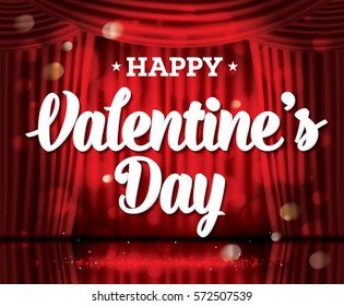 Happy Valentine's Day. Open Red Curtains with Neon Lights and Copy Space. Vector Illustration. Theater, Opera or Cinema Scene. Light on a Floor