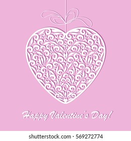 Happy Valentine's Day openwork white paper card. Stencil design with heart on a pink background. Laser cutting decoration template for greeting card, poster, banner, invitations. Vector illustration.