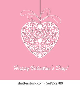 Happy Valentine's Day openwork white paper card. Stencil design with heart on a pink background. Laser cutting decoration template for greeting cards, invitations, poster, banner. Vector illustration.