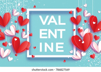 Happy Valentine's day. Origami flying red, white hearts in paper cut style on sky blue. Square frame. Valentine Text. Romantic Holidays. Love. 14 February.