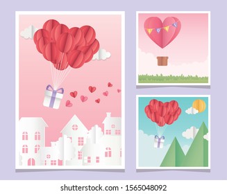 happy valentines day origami paper balloons heart outdoor city cards vector illustration