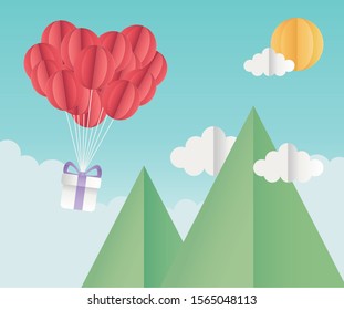 happy valentines day origami paper balloons gift mountains clouds vector illustration