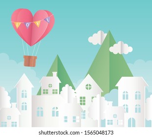 happy valentines day origami paper air balloon heart balloons mountains clouds cityscape vector illustration