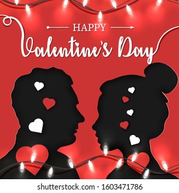 Happy Valentine's Day Origami Paper Art of couple in love stands opposite each other. 14th February lettering on red background with bright garland. Vector illustration