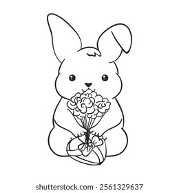 Happy Valentine's Day outline hand drawn illustration with cute chubby bunny sitting with a heart-shaped gift box and a bouquet of flowers. Cartoon doodle art with little kawaii rabbit