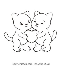 Happy Valentine's Day outline hand-drawn illustration with beige and grey adorable cartoon cats, hold big red heart while smiling lovingly, surrounded by small red hearts isolated on white background.