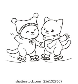 Happy Valentine's day outline illustration with two adorable kittens ice skating together, a gray cat with a red scarf and a beige cat with a red pom-pom hat. Cartoon cute art with hand drawn kitties