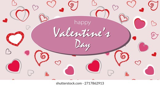 Feliz día de San Valentín. Un marco ovalado con letras sobre un patrón de fondo de corazones de varias Formas y contornos. Para el día de San Valentín, el día de la madre, bodas, aniversarios. Tarjeta, Anuncio, caja de regalo.