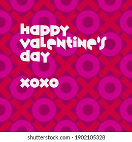 Happy Valentine's Day over repeating XOXO background in red and bright pink over purple background. Seamless and repeating. 