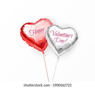 Happy Valentines Day. Pair of heart shaped helium balloons from gold and red foil with congratulatory text. Realistic inflated golden balloons isolated on white. Holiday gift. Festive decor. 3d vector