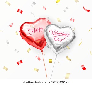 Feliz Día de San Valentín. Un par de globos de helio en forma de corazón de lámina de plata y rojo con texto de felicitación con confeti volador. Globos inflados realistas. Regalo de vacaciones. Decoración festiva. 3.ᵉʳ vector