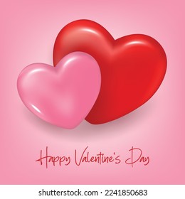 Happy Valentine's Day. Pair of hearts. Realistic 3d design. Romantic background, gift card, web poster. Vector illustration