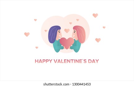 Happy Valentines Day. A pair of lovers, girl and a girl, holding a heart in their hands. Character flat illustration. Cartoon vector