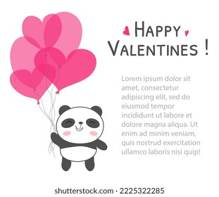 Happy Valentines day panda with baloons vector illustration. Greeting card, postcard template with copy space for text Vector illustration