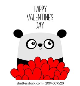 Happy Valentines Day. Panda bear holding red heart set bouquet. Cute kawaii cartoon character. Funny head face. Baby greeting card template. Notebook cover, tshirt. White background Flat design Vector