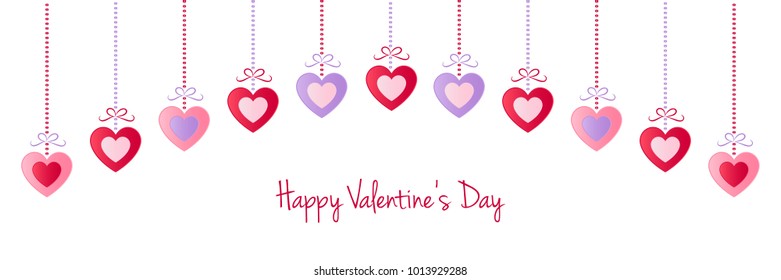 Happy Valentine's Day - panoramic banner with hanging hearts. Vector.