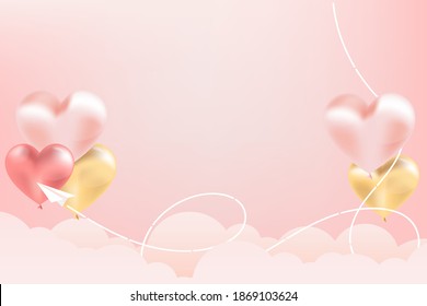 
Happy valentine's day with paper airplane, realistic balloons and pink clouds. Pink background for the holiday of lovers. Vector illustrations.