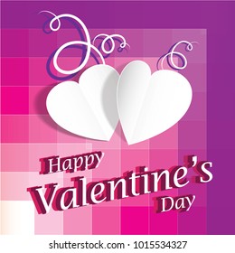 Happy valentine's day with paper cut of two hearts, multiple squares colorize pink, green, purple and white creative template background vector illustration.