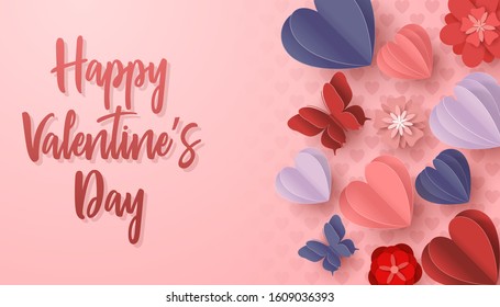 Happy valentines day paper cut style with colorful heart shape in pink background