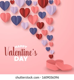 Happy valentines day paper cut style with colorful heart shape in pink background