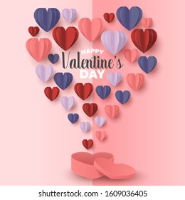 Happy valentines day paper cut style with colorful heart shape in pink background