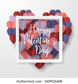 Happy valentines day paper cut style with colorful heart shape and white frame in white background