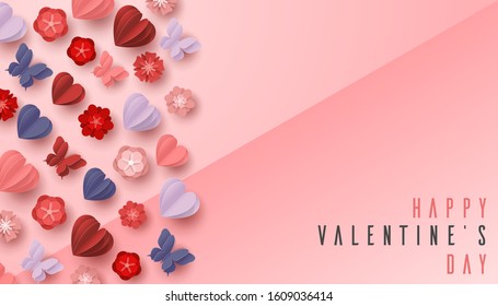 Happy valentines day paper cut style with colorful heart shape in pink background