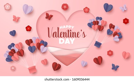 Happy valentines day paper cut style with colorful heart shape in pink background